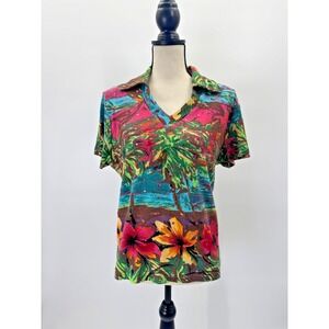 IlyseHart Tropical Hawaiian All Over Print Sequin Collared Top Polo Large Resort